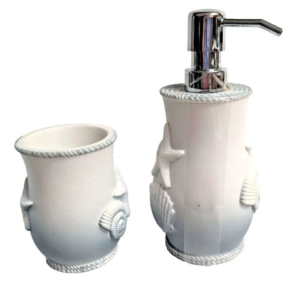 Cyprvs Seashell Soap Dispenser Tumbler Starfish Blue White Polyresin Bath Gift